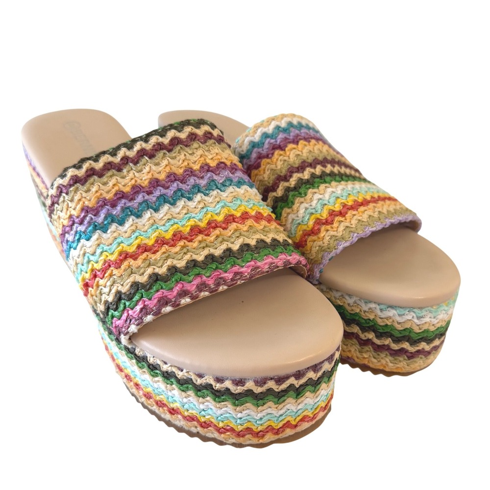 Berness Amber O2 Multi Color Chevron Woven Straw Boho Platform Wedge Sandals 9